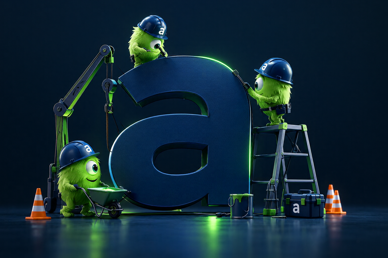 Drei kleine grüne Monster bauen am dunkelblauen alfabackup-a